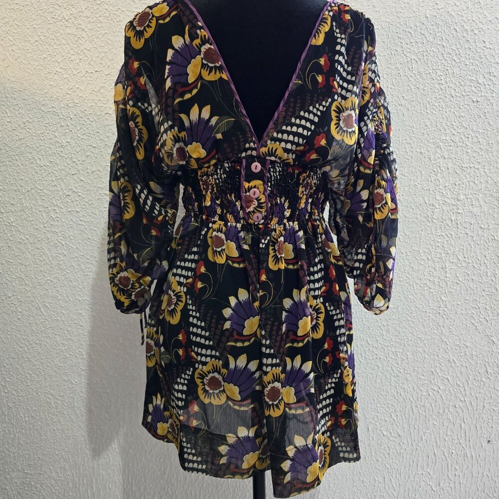 Floral Sheer V-Neck Tunic Dress With Elastic Waist & 3/4 Sleeves Size M - Picture 2 of 9